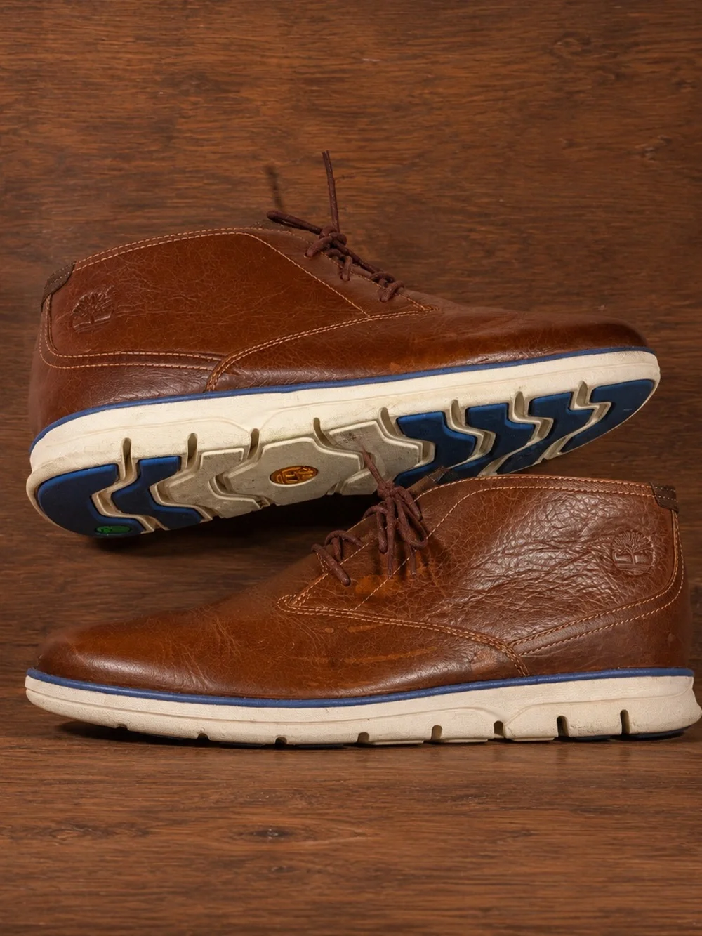 Timberland Brown Leather Chukka Boots with Blue-Trim Sole